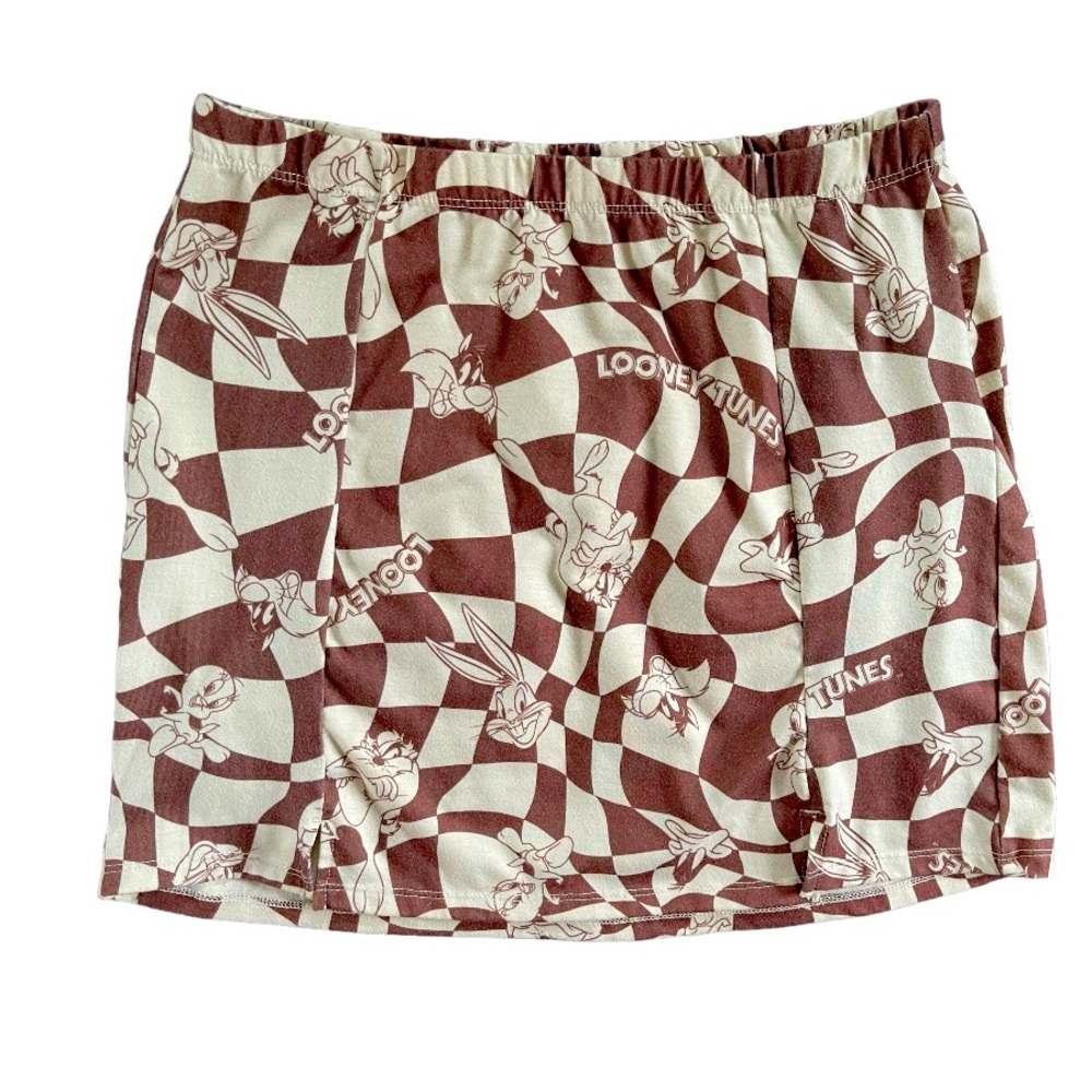 Looney Tunes Women's Large Graphic Print Mini  Checked Brown Skirt Retro